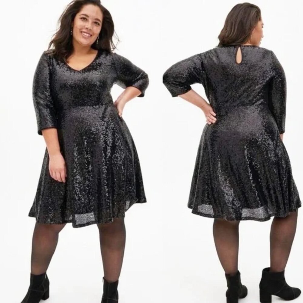 Torrid Mini Sequins Skater Dress Black Sz 1X Fit Flare Cocktail Party
